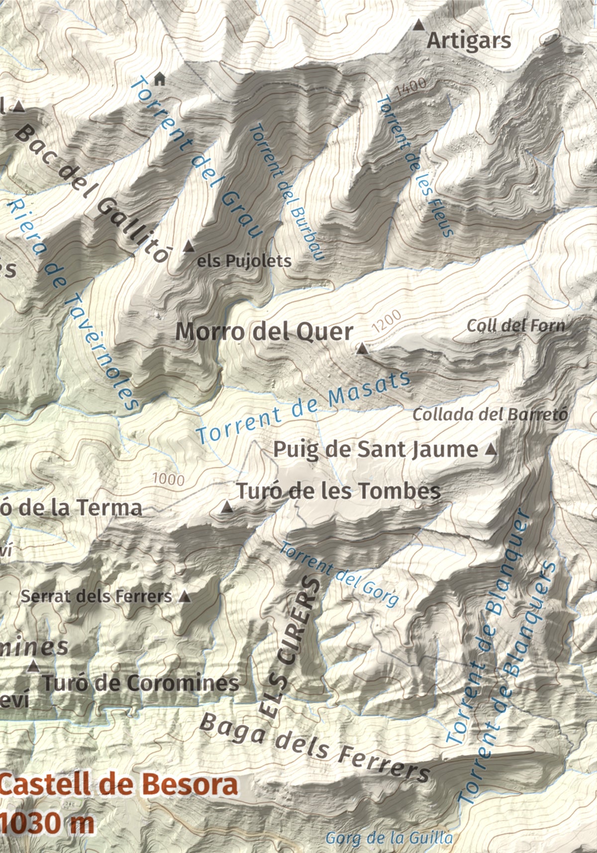 Mapa de relieve de Castell de Besora, 1030 m, Osona, lámina 100 Cims de Trobart. Detalle de la zona superior derecha. 21 × 30 cm.