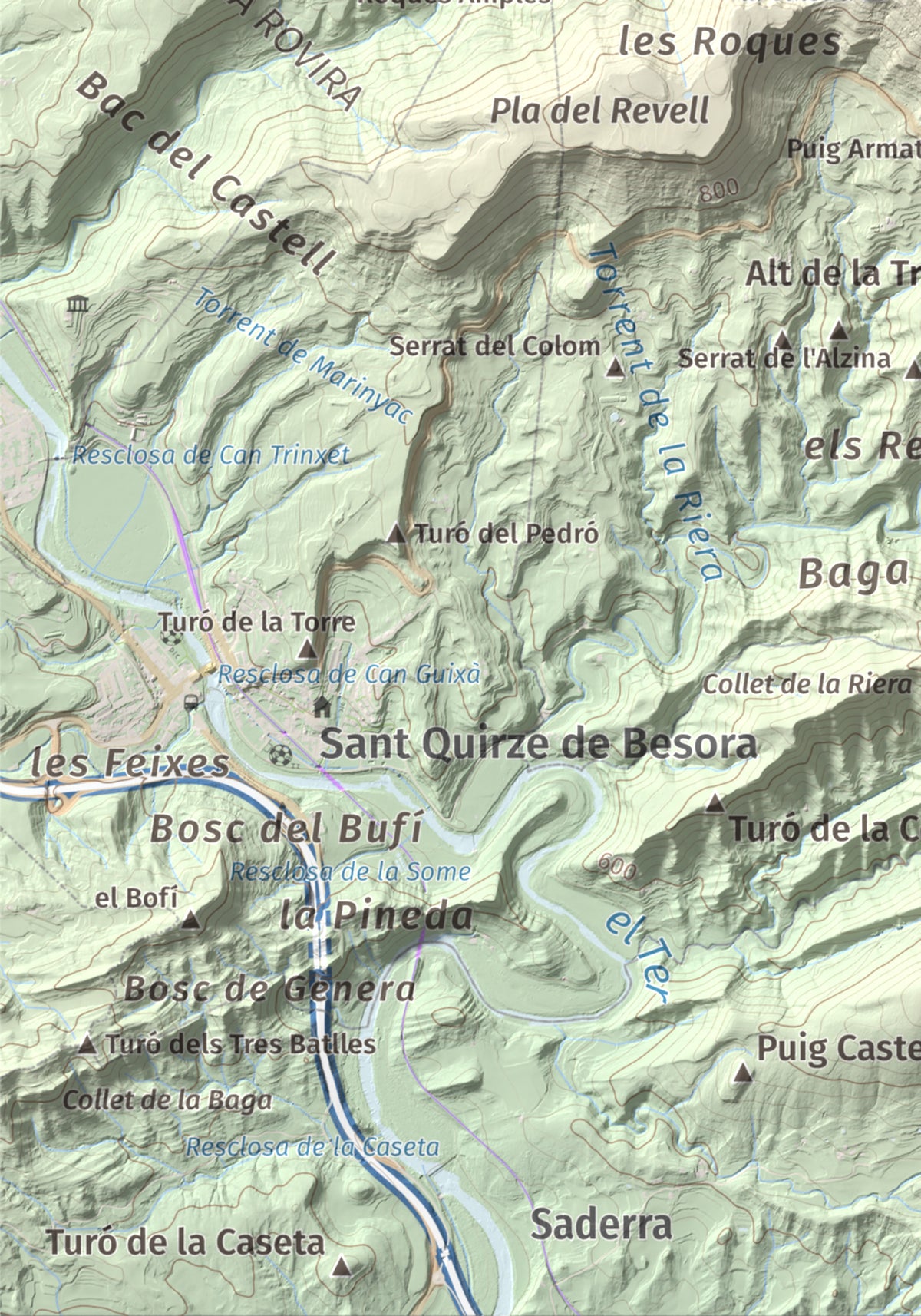Mapa de relieve de Castell de Besora, 1030 m, Osona, lámina 100 Cims de Trobart. Detalle de la zona inferior izquierda. 21 × 30 cm.