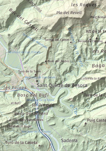 Mapa de relieve de Castell de Besora, 1030 m, Osona, lámina 100 Cims de Trobart. Detalle de la zona inferior izquierda. 21 × 30 cm.