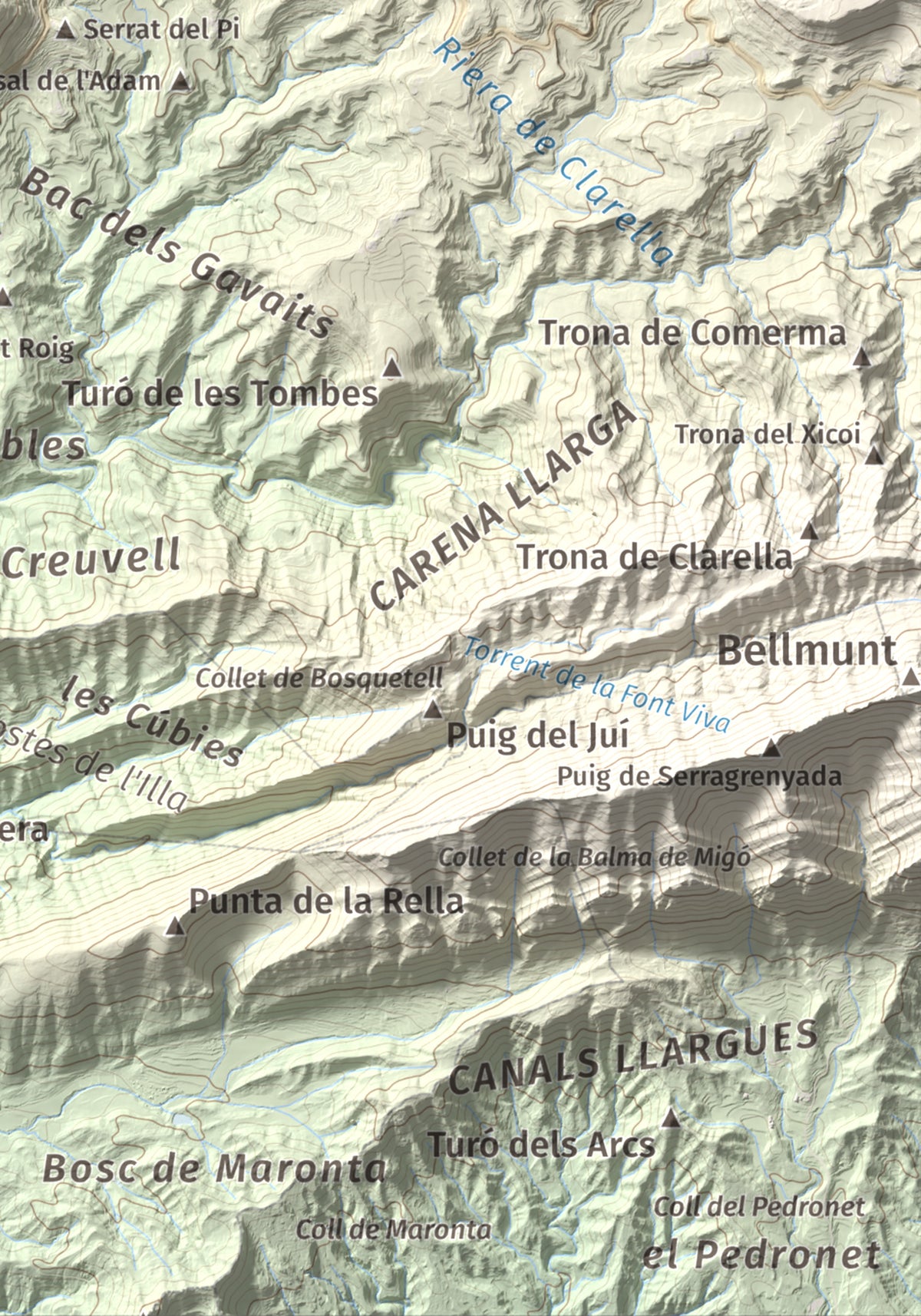 Mapa de relieve de Castell de Besora, 1030 m, Osona, lámina 100 Cims de Trobart. Detalle de la zona inferior derecha. 21 × 30 cm.