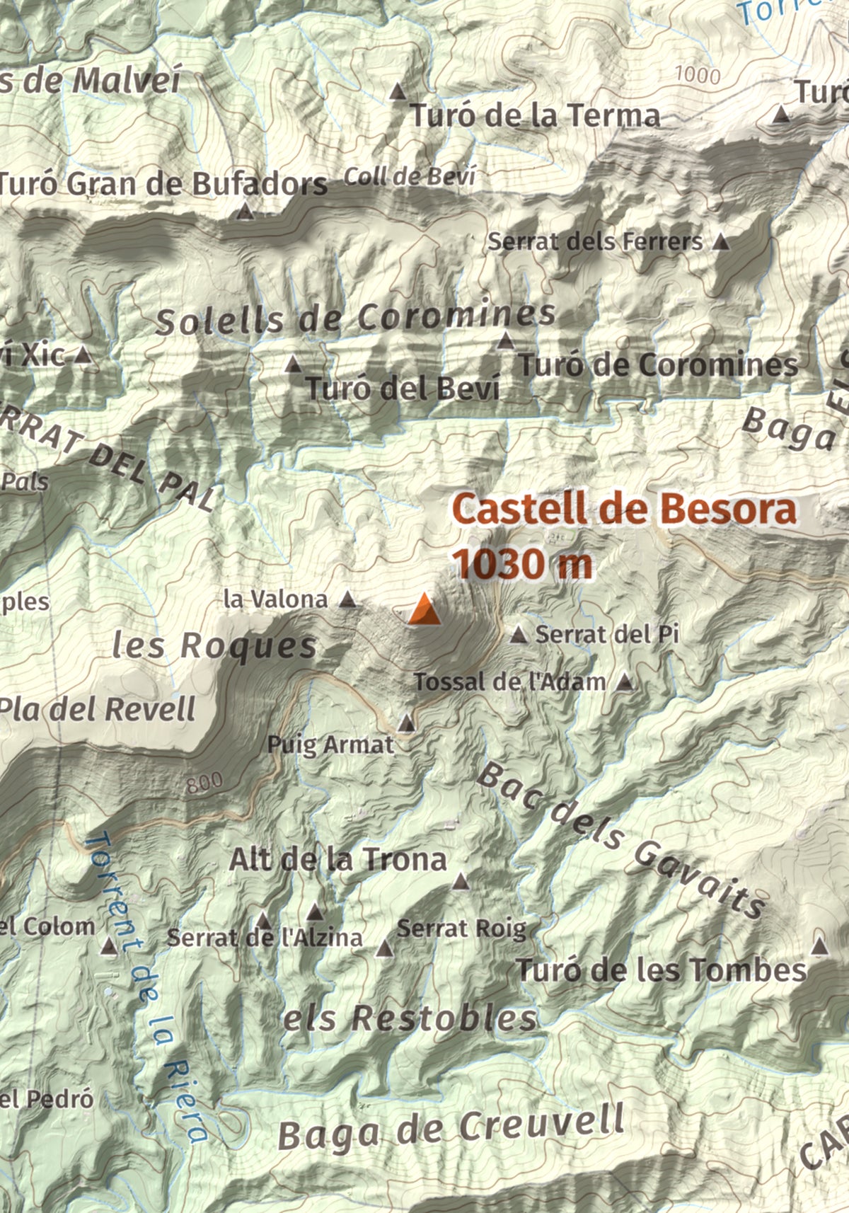 Mapa de relieve de Castell de Besora, 1030 m, Osona, lámina 100 Cims de Trobart. Detalle de la zona central. 21 × 30 cm.