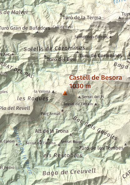 Mapa de relieve de Castell de Besora, 1030 m, Osona, lámina 100 Cims de Trobart. Detalle de la zona central. 21 × 30 cm.