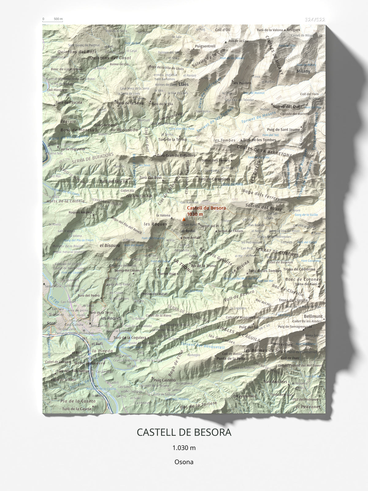 Mapa de relieve de Castell de Besora, 1030 m, Osona, lámina 100 Cims de Trobart 30 × 40 cm.