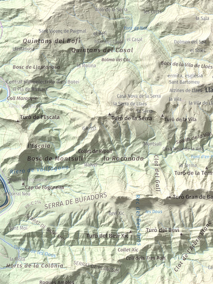 Mapa de relieve de Castell de Besora, 1030 m, Osona, lámina 100 Cims de Trobart. Detalle de la zona superior izquierda. 30 × 40 cm.