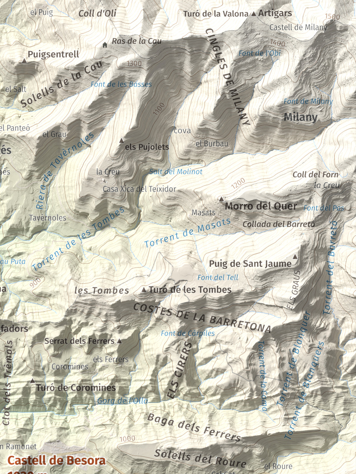 Mapa de relieve de Castell de Besora, 1030 m, Osona, lámina 100 Cims de Trobart. Detalle de la zona superior derecha. 30 × 40 cm.