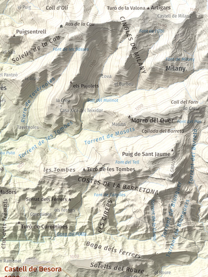 Mapa de relieve de Castell de Besora, 1030 m, Osona, lámina 100 Cims de Trobart. Detalle de la zona superior derecha. 30 × 40 cm.