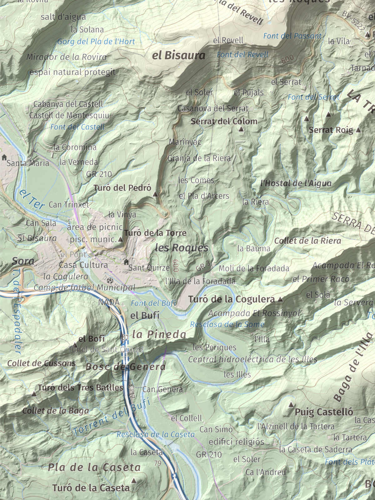 Mapa de relieve de Castell de Besora, 1030 m, Osona, lámina 100 Cims de Trobart. Detalle de la zona inferior izquierda. 30 × 40 cm.