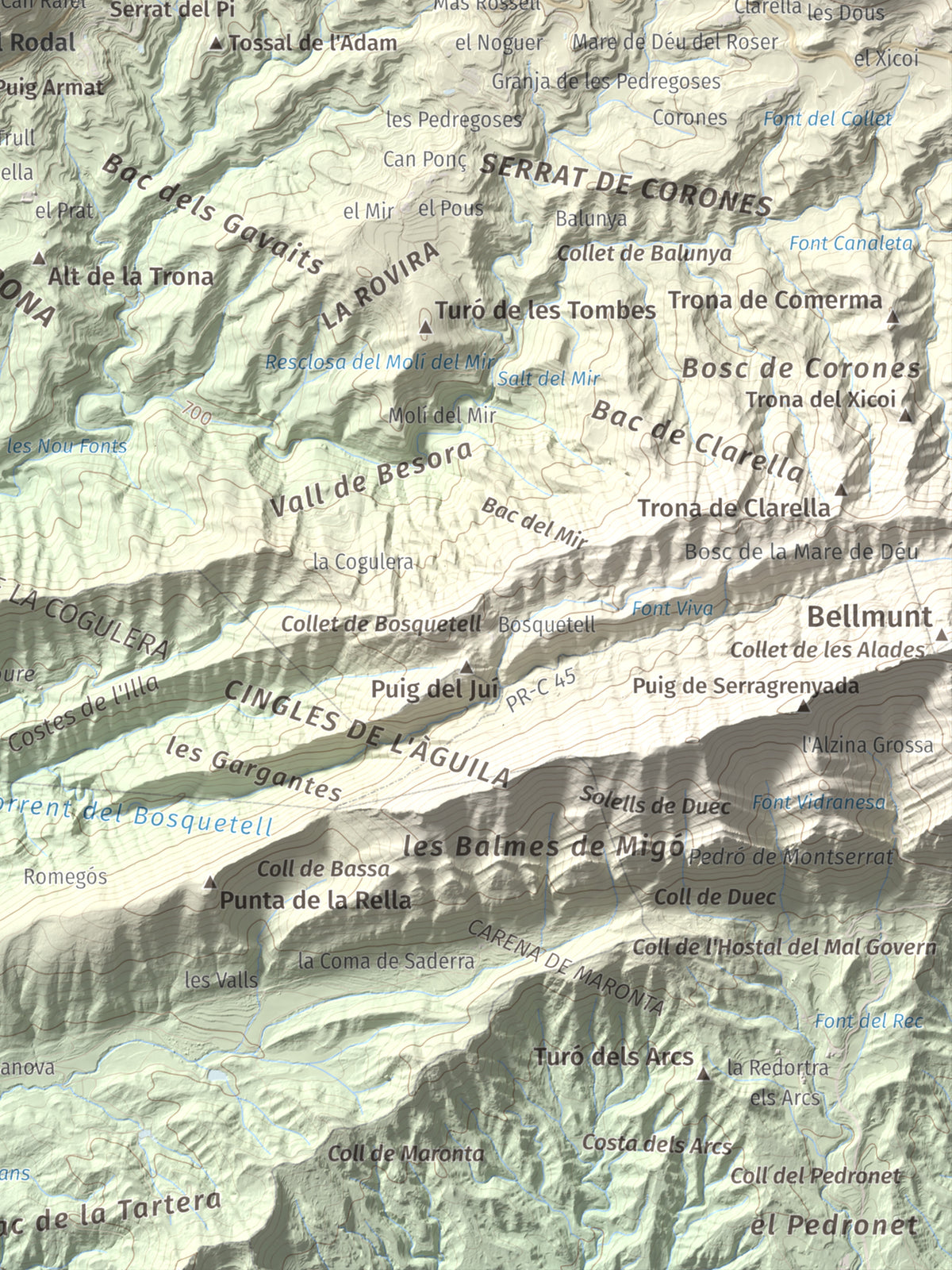 Mapa de relieve de Castell de Besora, 1030 m, Osona, lámina 100 Cims de Trobart. Detalle de la zona inferior derecha. 30 × 40 cm.
