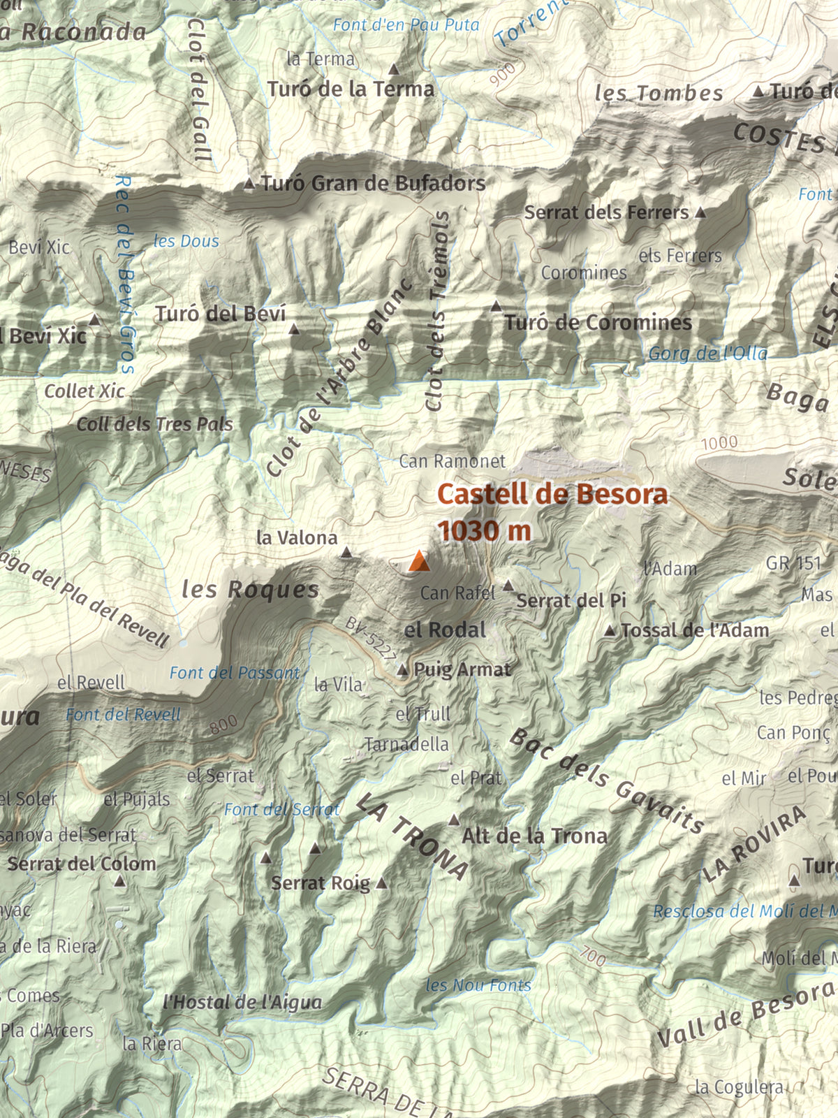 Mapa de relieve de Castell de Besora, 1030 m, Osona, lámina 100 Cims de Trobart. Detalle de la zona central. 30 × 40 cm.