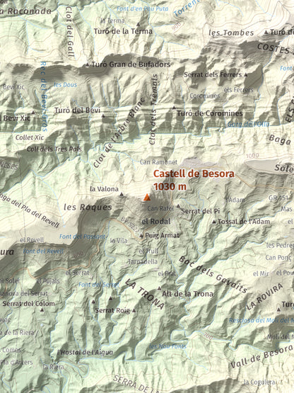 Mapa de relieve de Castell de Besora, 1030 m, Osona, lámina 100 Cims de Trobart. Detalle de la zona central. 30 × 40 cm.