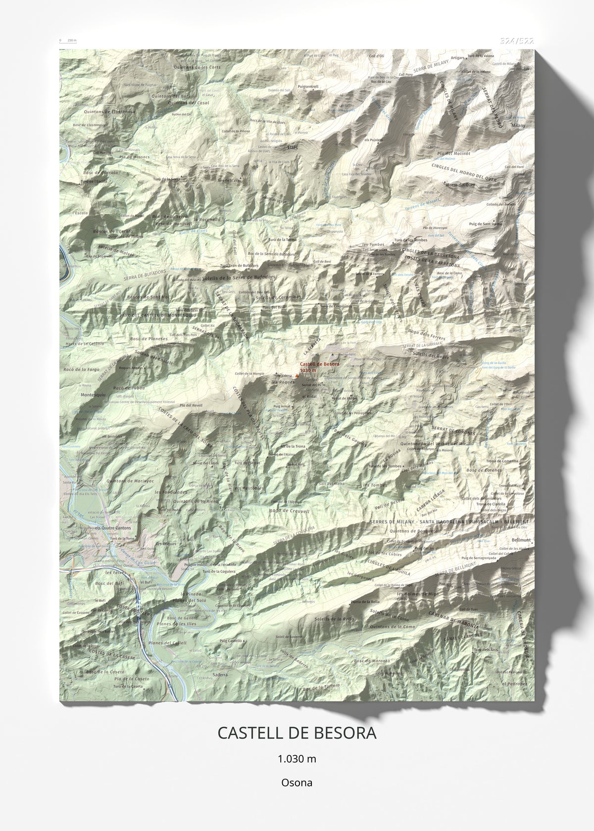 Mapa de relieve de Castell de Besora, 1030 m, Osona, lámina 100 Cims de Trobart 50 × 70 cm.