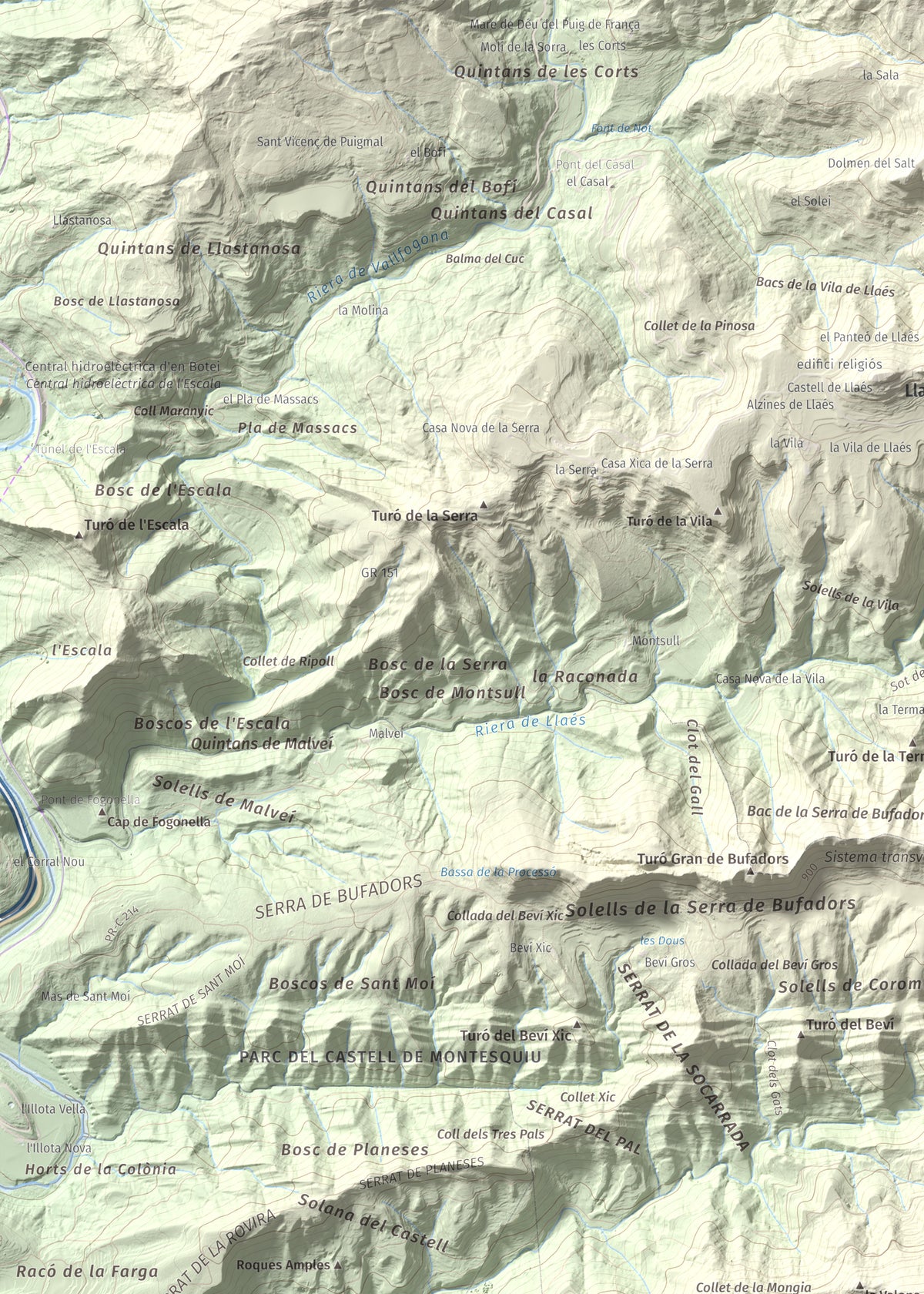 Mapa de relieve de Castell de Besora, 1030 m, Osona, lámina 100 Cims de Trobart. Detalle de la zona superior izquierda. 50 × 70 cm.