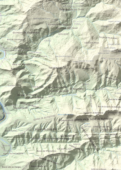 Mapa de relieve de Castell de Besora, 1030 m, Osona, lámina 100 Cims de Trobart. Detalle de la zona superior izquierda. 50 × 70 cm.
