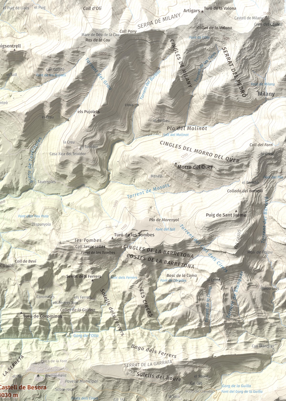 Mapa de relieve de Castell de Besora, 1030 m, Osona, lámina 100 Cims de Trobart. Detalle de la zona superior derecha. 50 × 70 cm.