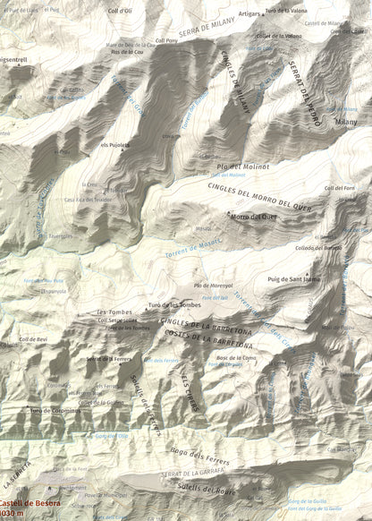 Mapa de relieve de Castell de Besora, 1030 m, Osona, lámina 100 Cims de Trobart. Detalle de la zona superior derecha. 50 × 70 cm.