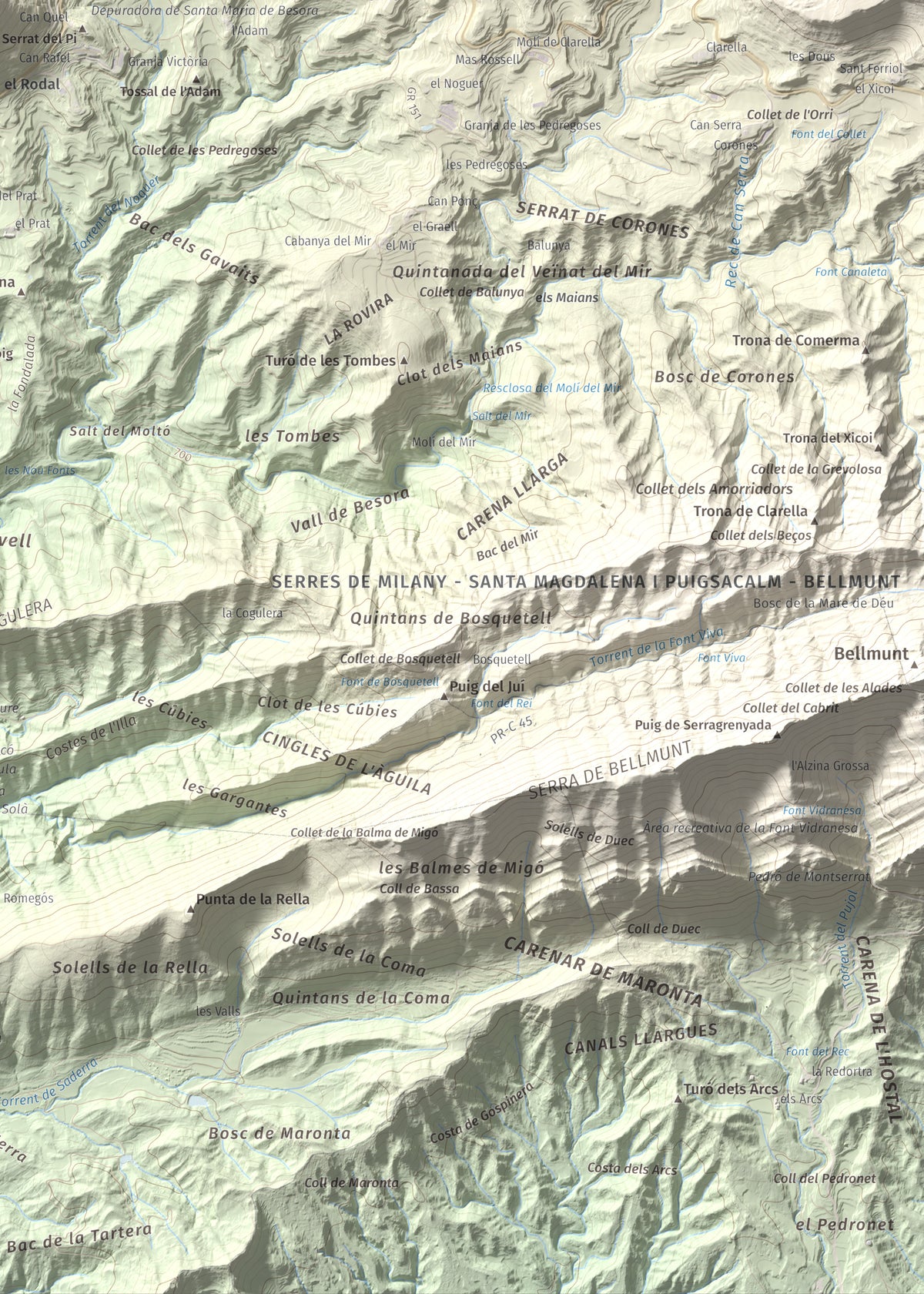 Mapa de relieve de Castell de Besora, 1030 m, Osona, lámina 100 Cims de Trobart. Detalle de la zona inferior derecha. 50 × 70 cm.