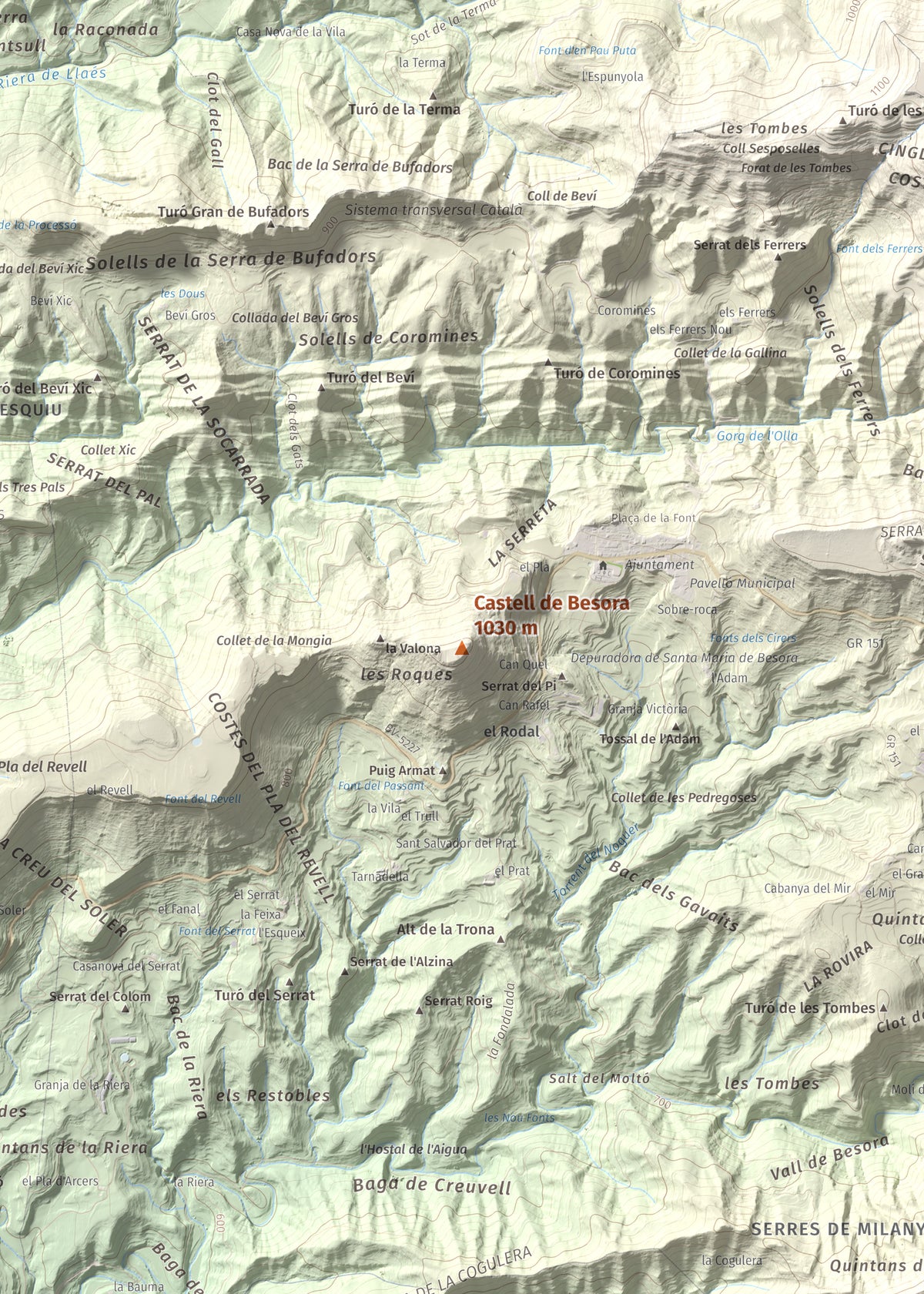 Mapa de relieve de Castell de Besora, 1030 m, Osona, lámina 100 Cims de Trobart. Detalle de la zona central. 50 × 70 cm.