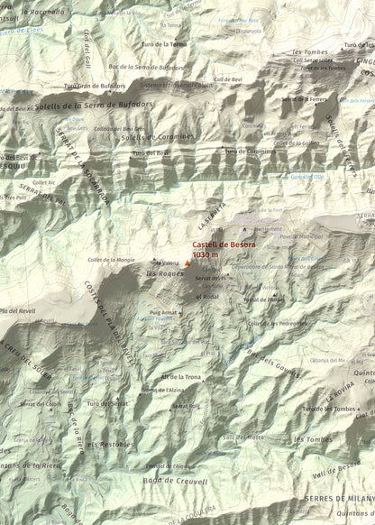 Mapa de relieve de Castell de Besora, 1030 m, Osona, lámina 100 Cims de Trobart. Detalle de la zona central. 50 × 70 cm.