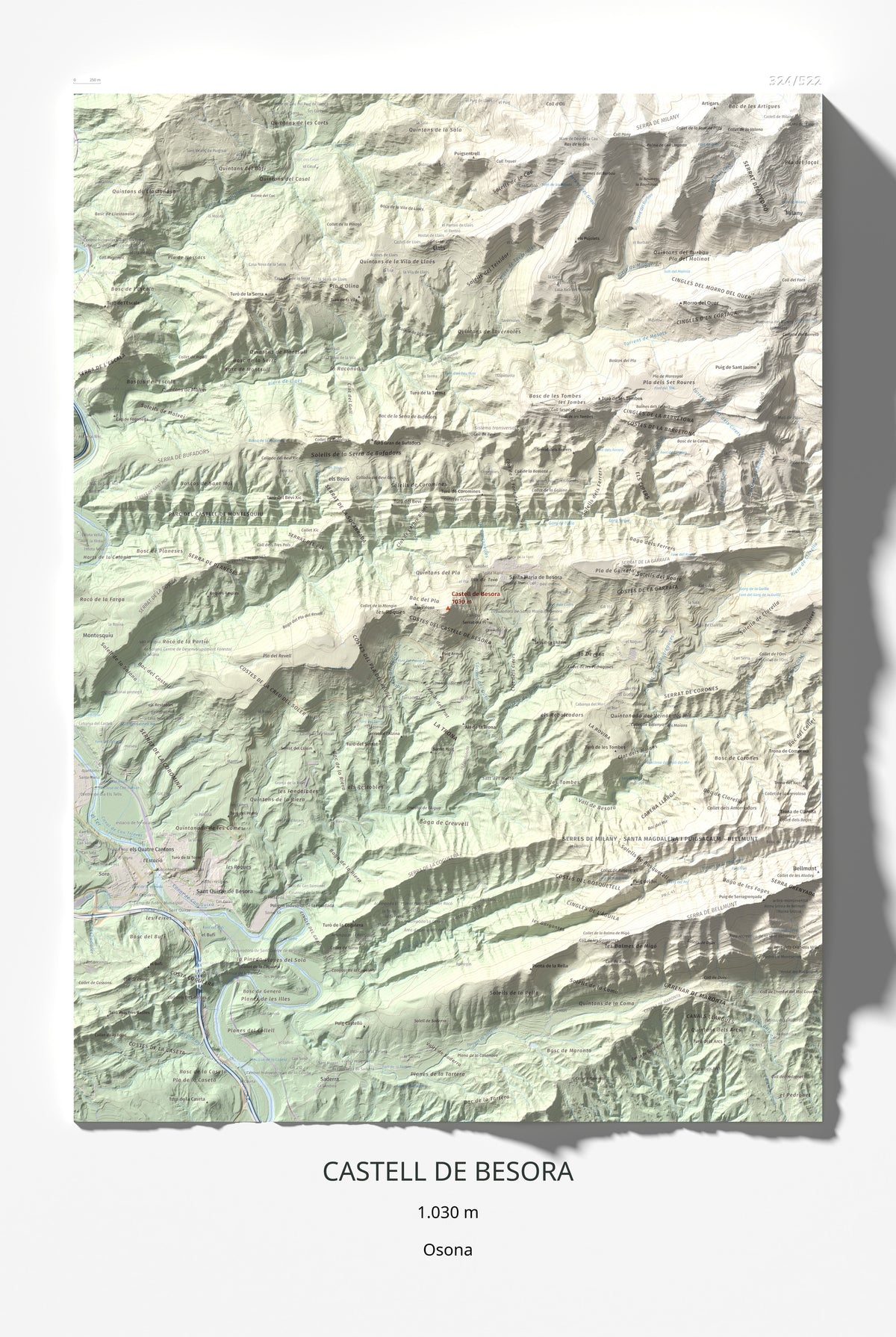 Mapa de relieve de Castell de Besora, 1030 m, Osona, lámina 100 Cims de Trobart 61 × 91 cm.