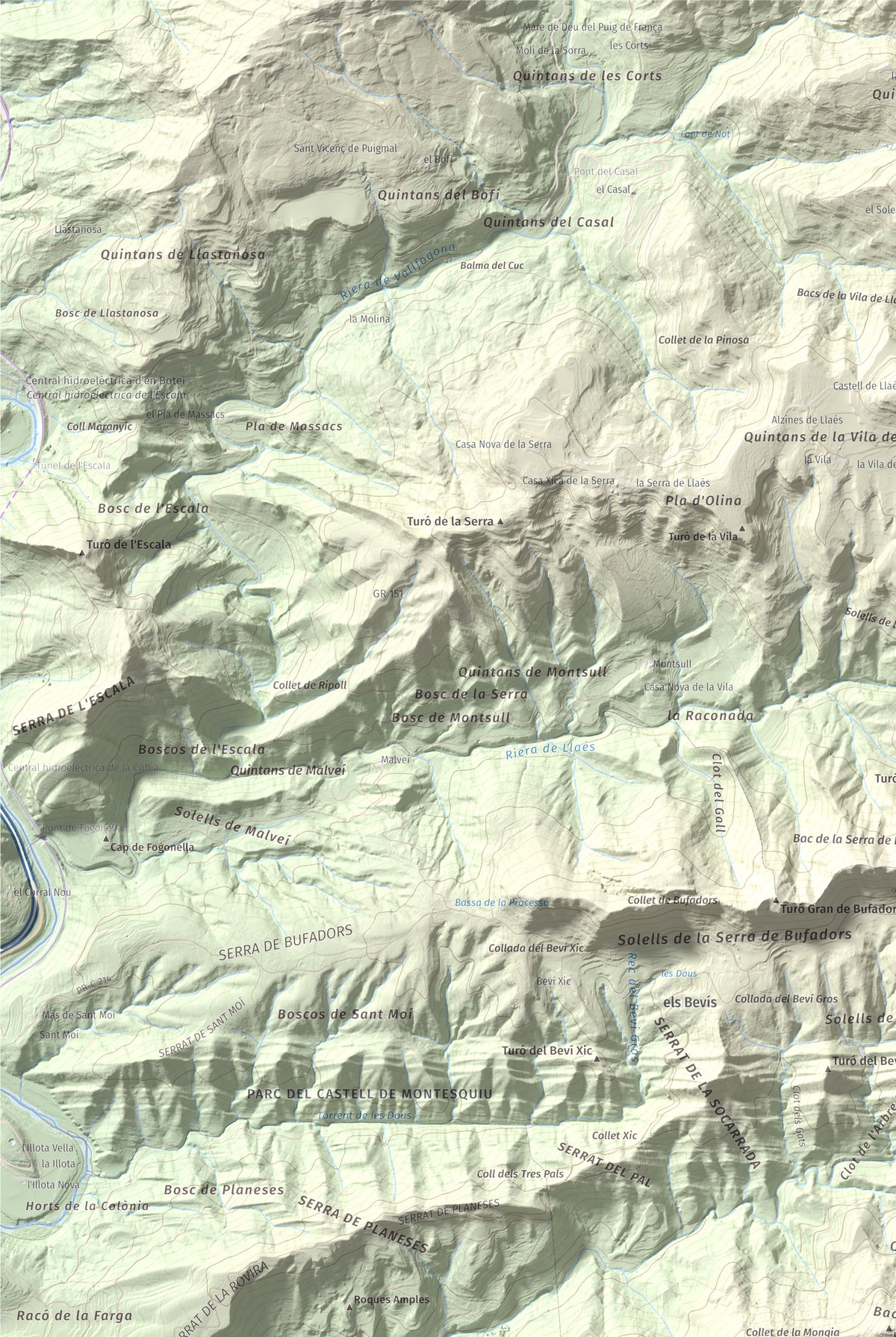 Mapa de relieve de Castell de Besora, 1030 m, Osona, lámina 100 Cims de Trobart. Detalle de la zona superior izquierda. 61 × 91 cm.