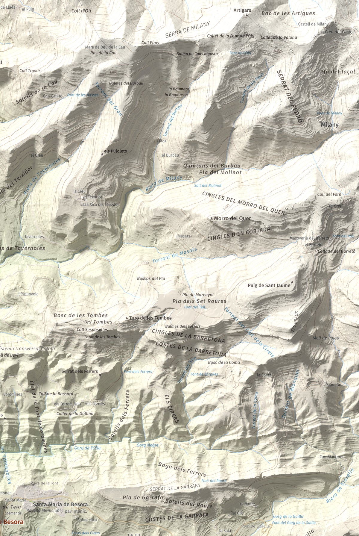 Mapa de relieve de Castell de Besora, 1030 m, Osona, lámina 100 Cims de Trobart. Detalle de la zona superior derecha. 61 × 91 cm.