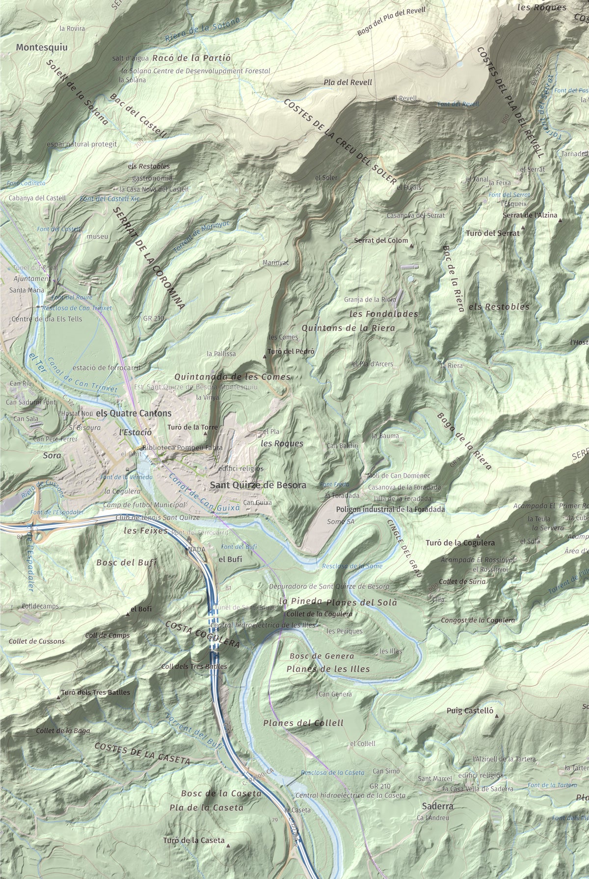 Mapa de relieve de Castell de Besora, 1030 m, Osona, lámina 100 Cims de Trobart. Detalle de la zona inferior izquierda. 61 × 91 cm.