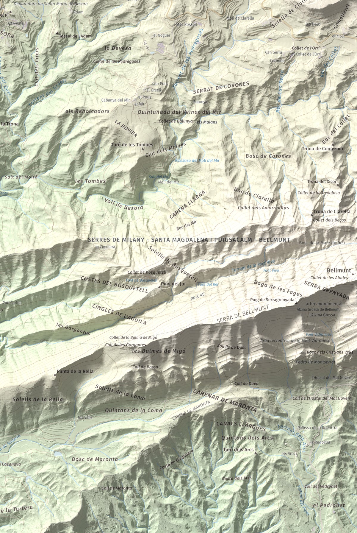 Mapa de relieve de Castell de Besora, 1030 m, Osona, lámina 100 Cims de Trobart. Detalle de la zona inferior derecha. 61 × 91 cm.
