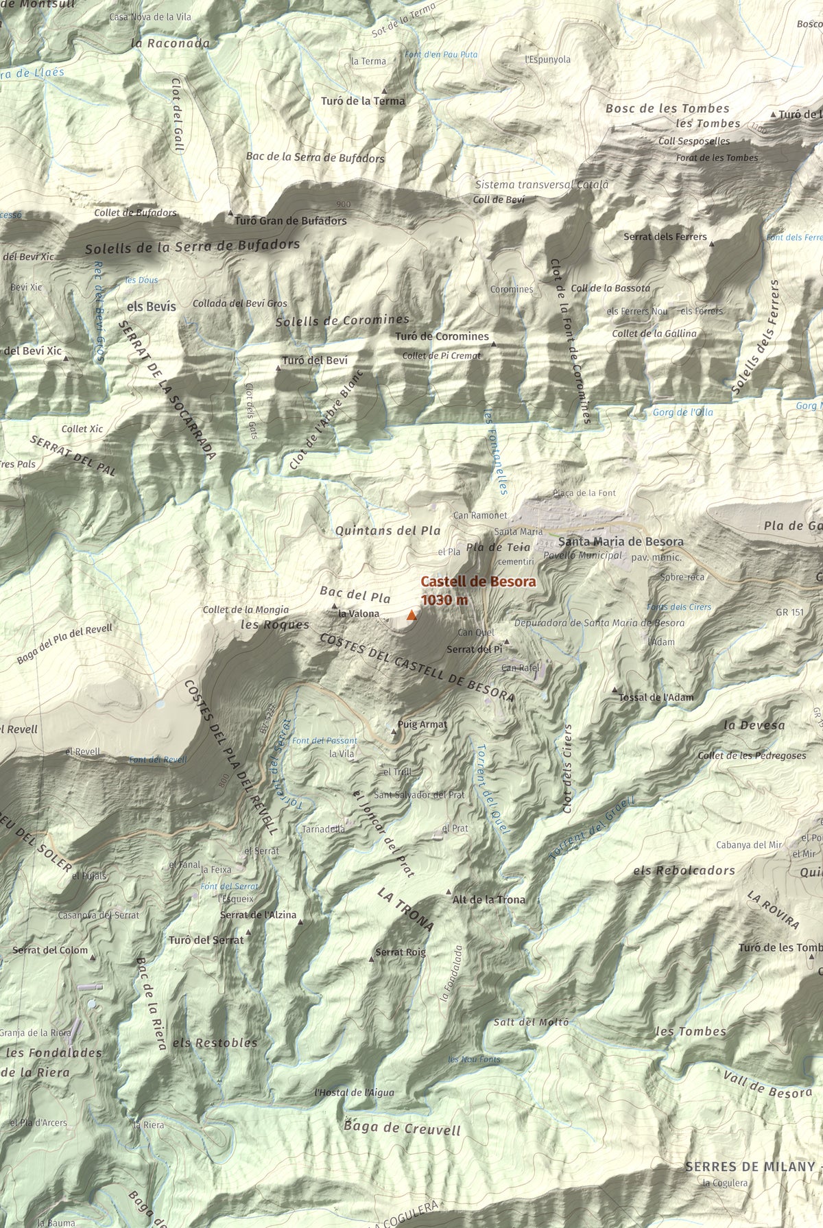 Mapa de relieve de Castell de Besora, 1030 m, Osona, lámina 100 Cims de Trobart. Detalle de la zona central. 61 × 91 cm.