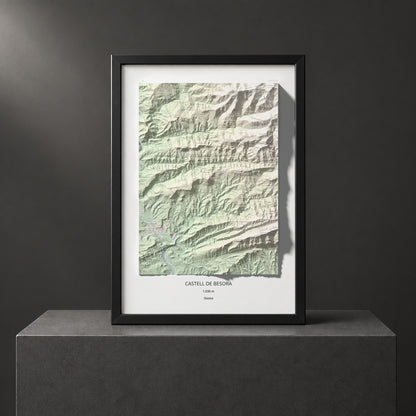 Mapa de relieve de Castell de Besora, 1030 m, Osona, lámina 100 Cims de Trobart. Presentación enmarcada. 70 × 100 cm.