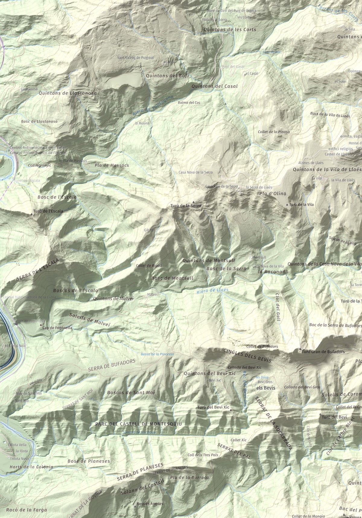 Mapa de relieve de Castell de Besora, 1030 m, Osona, lámina 100 Cims de Trobart. Detalle de la zona superior izquierda. 70 × 100 cm.