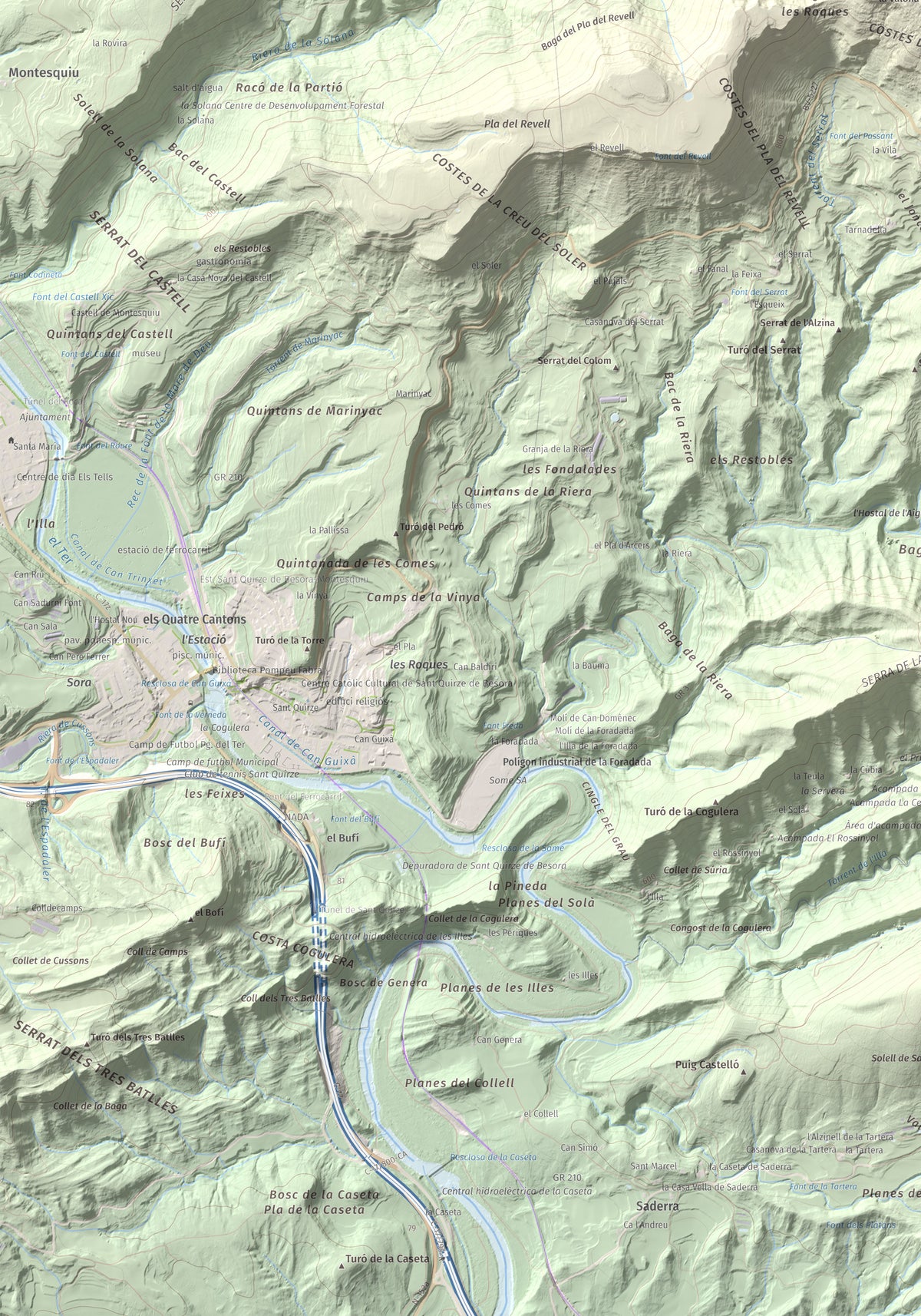 Mapa de relieve de Castell de Besora, 1030 m, Osona, lámina 100 Cims de Trobart. Detalle de la zona inferior izquierda. 70 × 100 cm.