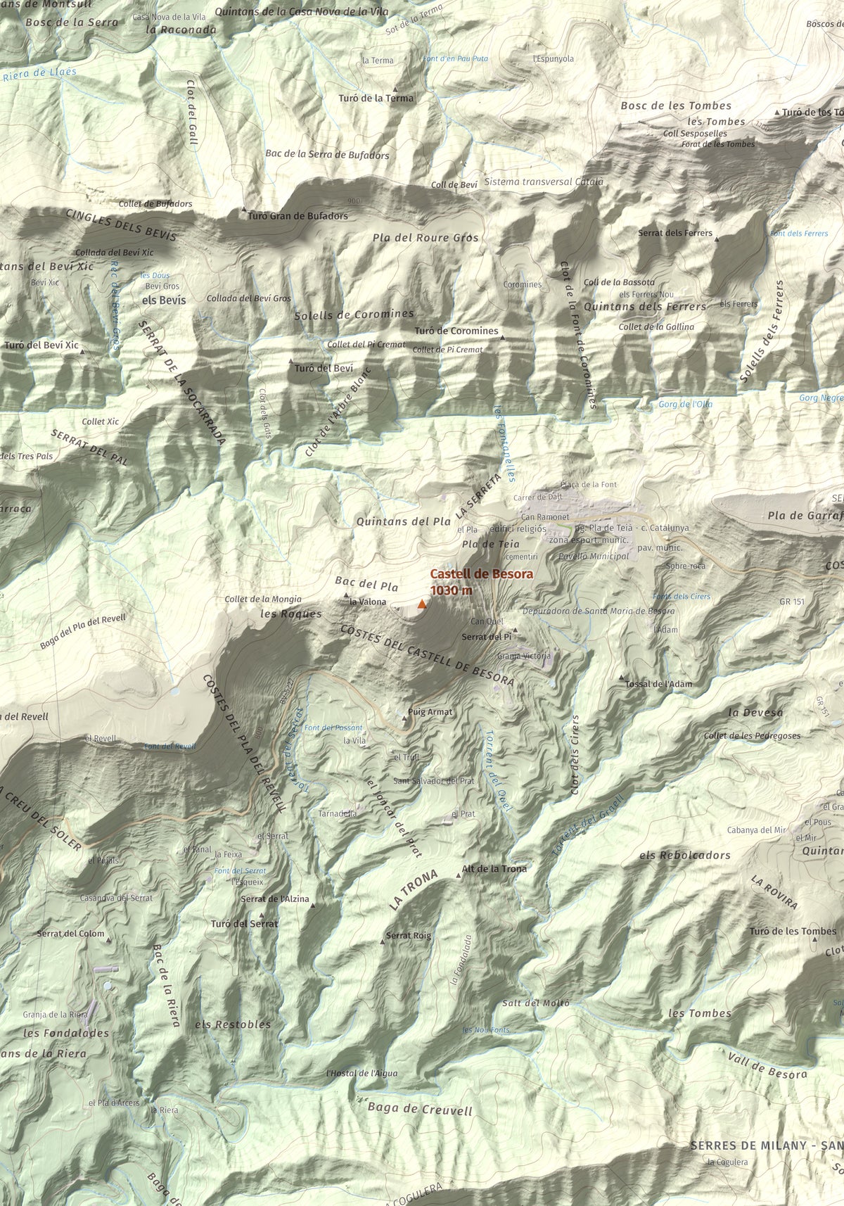 Mapa de relieve de Castell de Besora, 1030 m, Osona, lámina 100 Cims de Trobart. Detalle de la zona central. 70 × 100 cm.