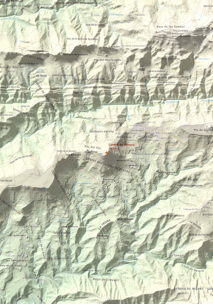 Mapa de relieve de Castell de Besora, 1030 m, Osona, lámina 100 Cims de Trobart. Detalle de la zona central. 70 × 100 cm.