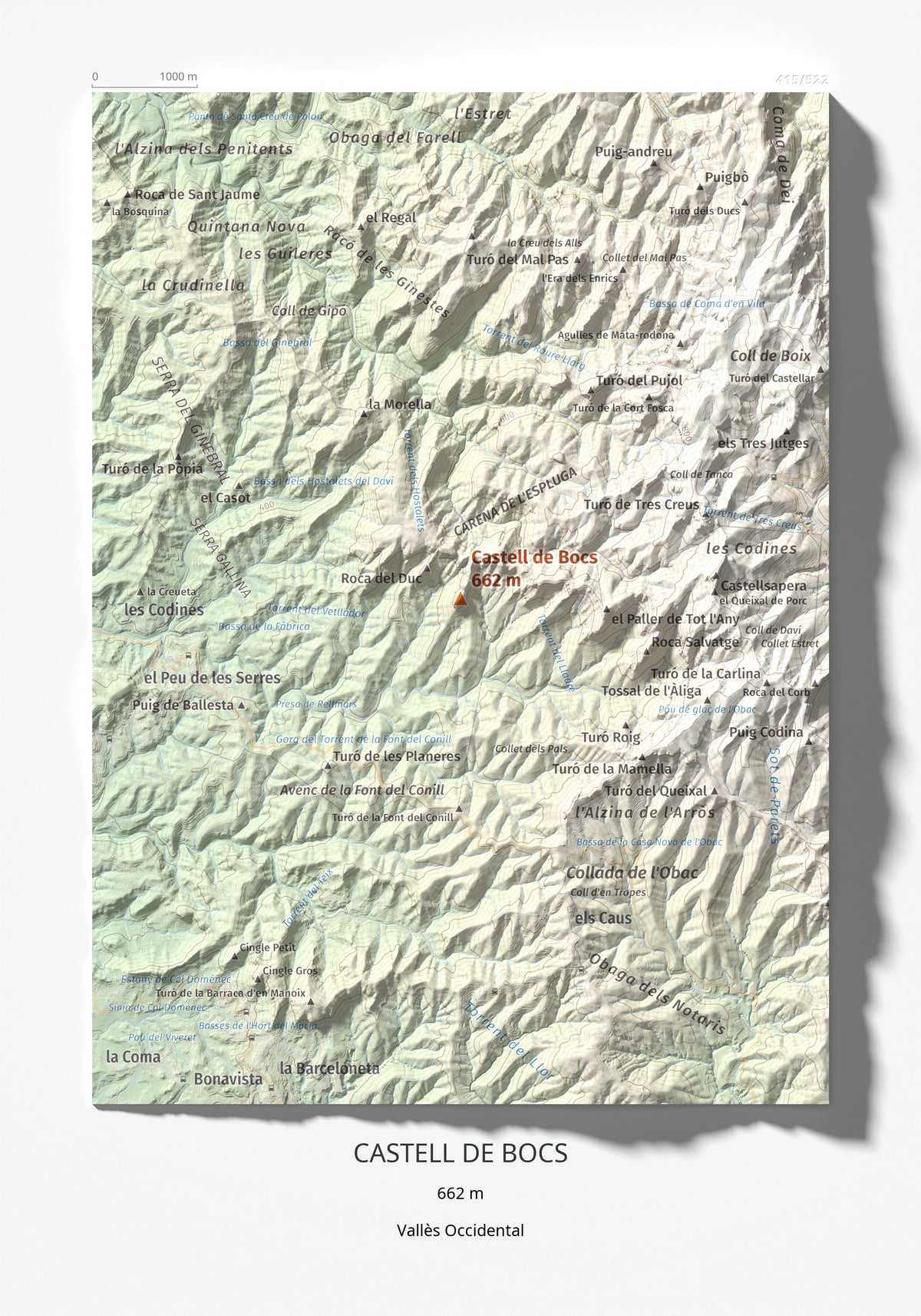 Mapa de relieve de Castell de Bocs, 662 m, Vallès Occidental, lámina 100 Cims de Trobart 21 × 30 cm.
