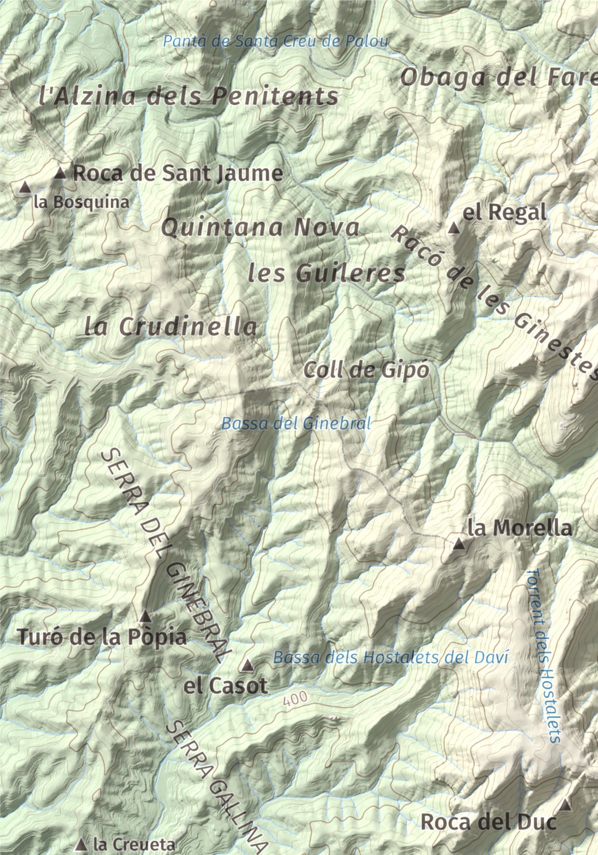 Mapa de relieve de Castell de Bocs, 662 m, Vallès Occidental, lámina 100 Cims de Trobart. Detalle de la zona superior izquierda. 21 × 30 cm.