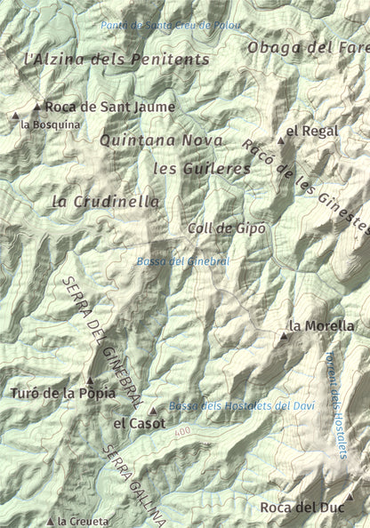 Mapa de relieve de Castell de Bocs, 662 m, Vallès Occidental, lámina 100 Cims de Trobart. Detalle de la zona superior izquierda. 21 × 30 cm.