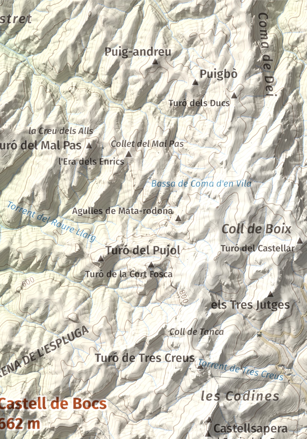 Mapa de relieve de Castell de Bocs, 662 m, Vallès Occidental, lámina 100 Cims de Trobart. Detalle de la zona superior derecha. 21 × 30 cm.