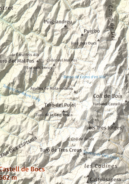 Mapa de relieve de Castell de Bocs, 662 m, Vallès Occidental, lámina 100 Cims de Trobart. Detalle de la zona superior derecha. 21 × 30 cm.