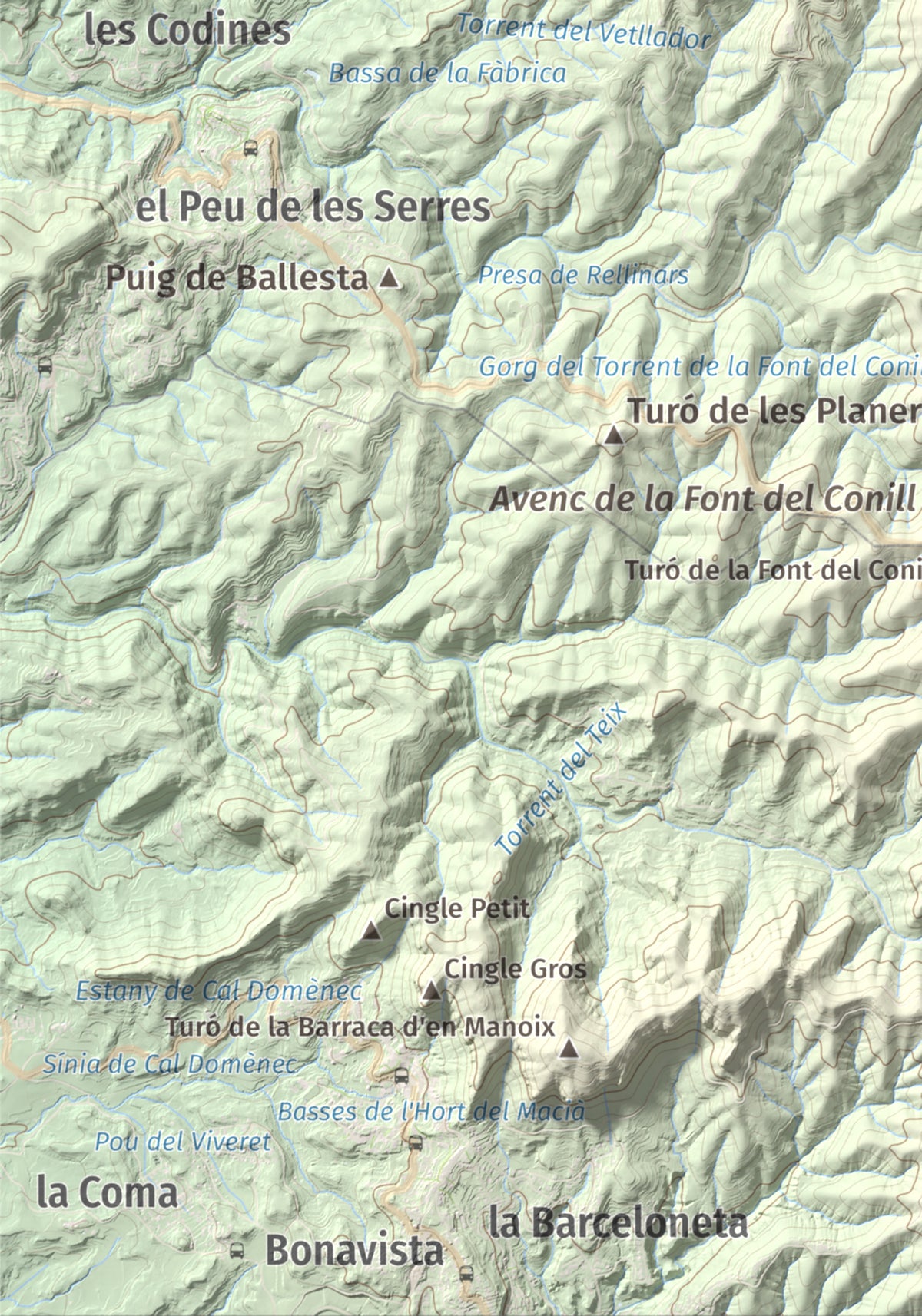 Mapa de relieve de Castell de Bocs, 662 m, Vallès Occidental, lámina 100 Cims de Trobart. Detalle de la zona inferior izquierda. 21 × 30 cm.