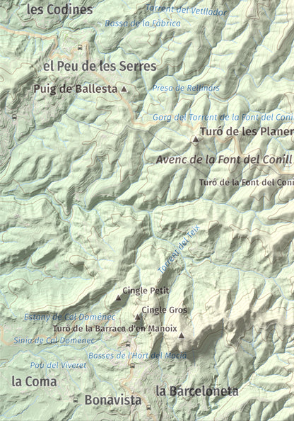 Mapa de relieve de Castell de Bocs, 662 m, Vallès Occidental, lámina 100 Cims de Trobart. Detalle de la zona inferior izquierda. 21 × 30 cm.