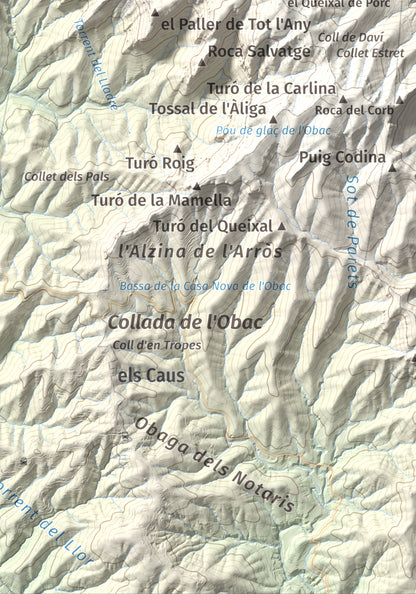 Mapa de relieve de Castell de Bocs, 662 m, Vallès Occidental, lámina 100 Cims de Trobart. Detalle de la zona inferior derecha. 21 × 30 cm.