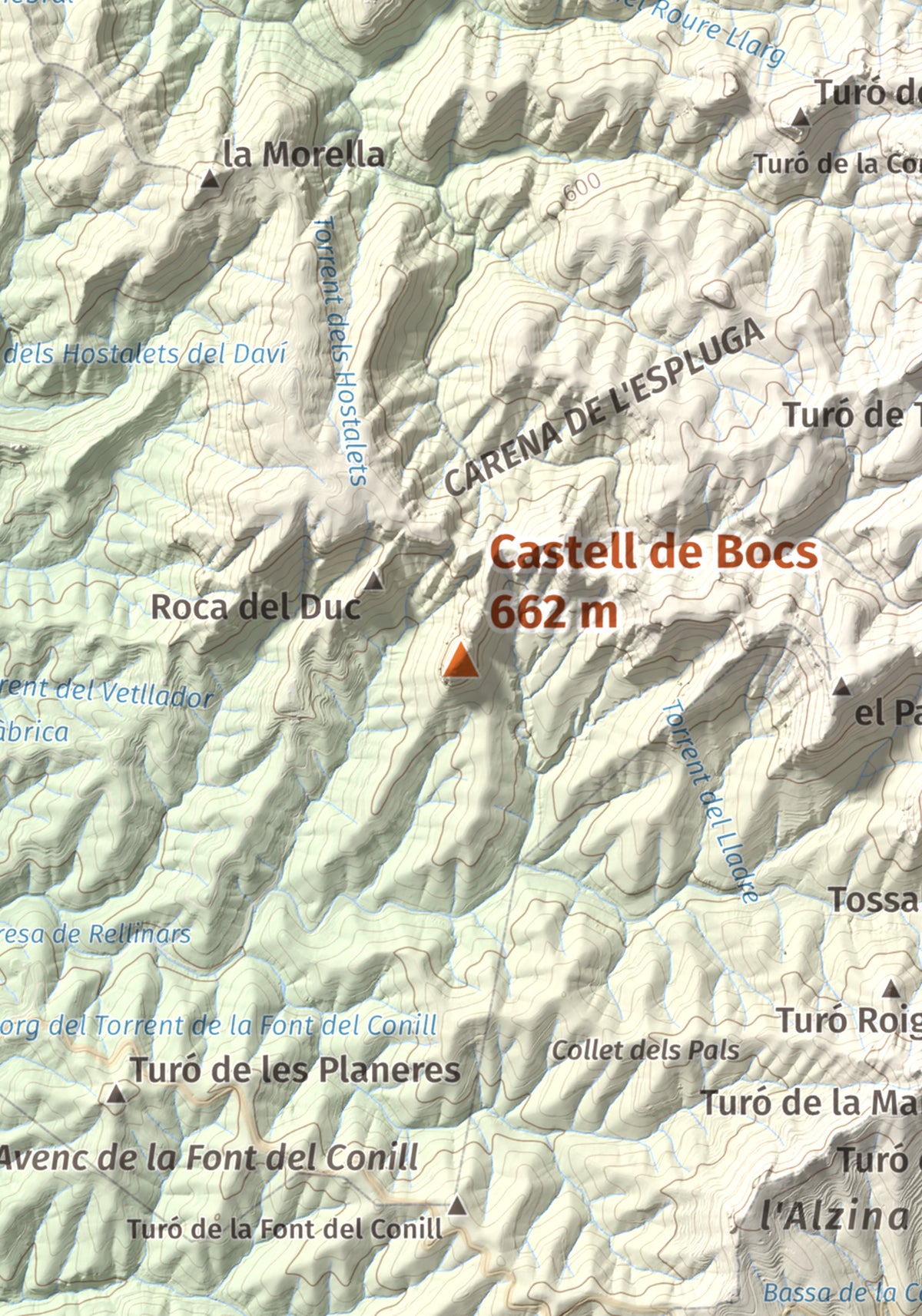 Mapa de relieve de Castell de Bocs, 662 m, Vallès Occidental, lámina 100 Cims de Trobart. Detalle de la zona central. 21 × 30 cm.