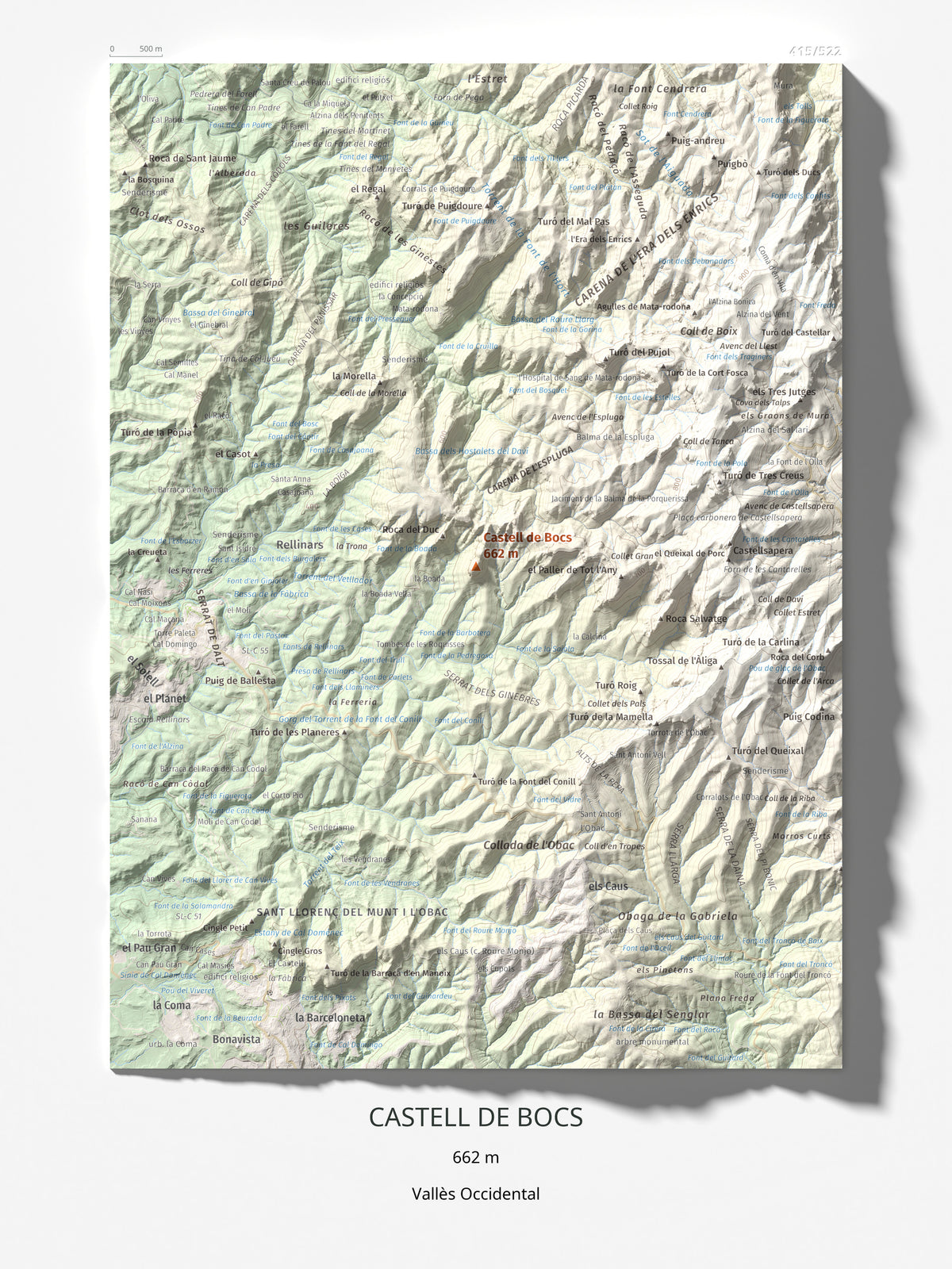Mapa de relieve de Castell de Bocs, 662 m, Vallès Occidental, lámina 100 Cims de Trobart 30 × 40 cm.