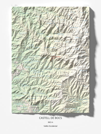 Mapa de relieve de Castell de Bocs, 662 m, Vallès Occidental, lámina 100 Cims de Trobart 30 × 40 cm.