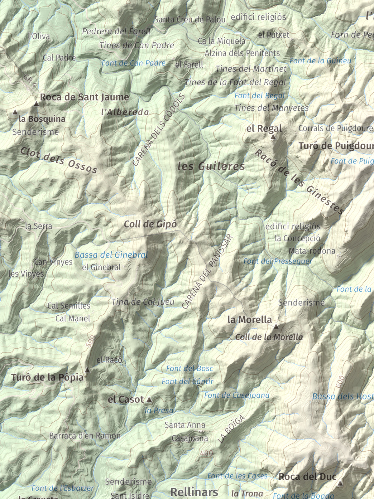 Mapa de relieve de Castell de Bocs, 662 m, Vallès Occidental, lámina 100 Cims de Trobart. Detalle de la zona superior izquierda. 30 × 40 cm.