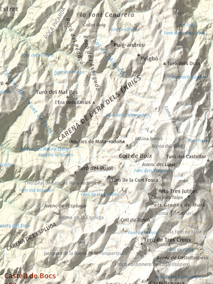 Mapa de relieve de Castell de Bocs, 662 m, Vallès Occidental, lámina 100 Cims de Trobart. Detalle de la zona superior derecha. 30 × 40 cm.