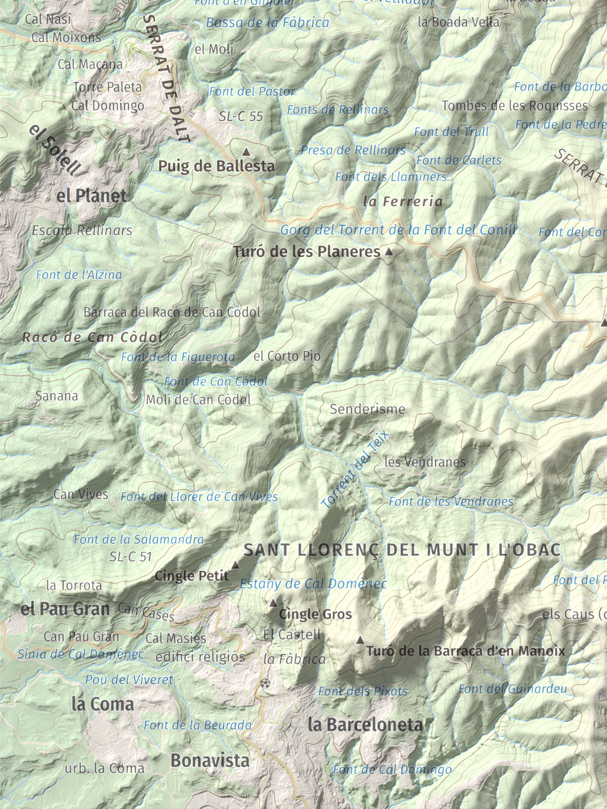 Mapa de relieve de Castell de Bocs, 662 m, Vallès Occidental, lámina 100 Cims de Trobart. Detalle de la zona inferior izquierda. 30 × 40 cm.