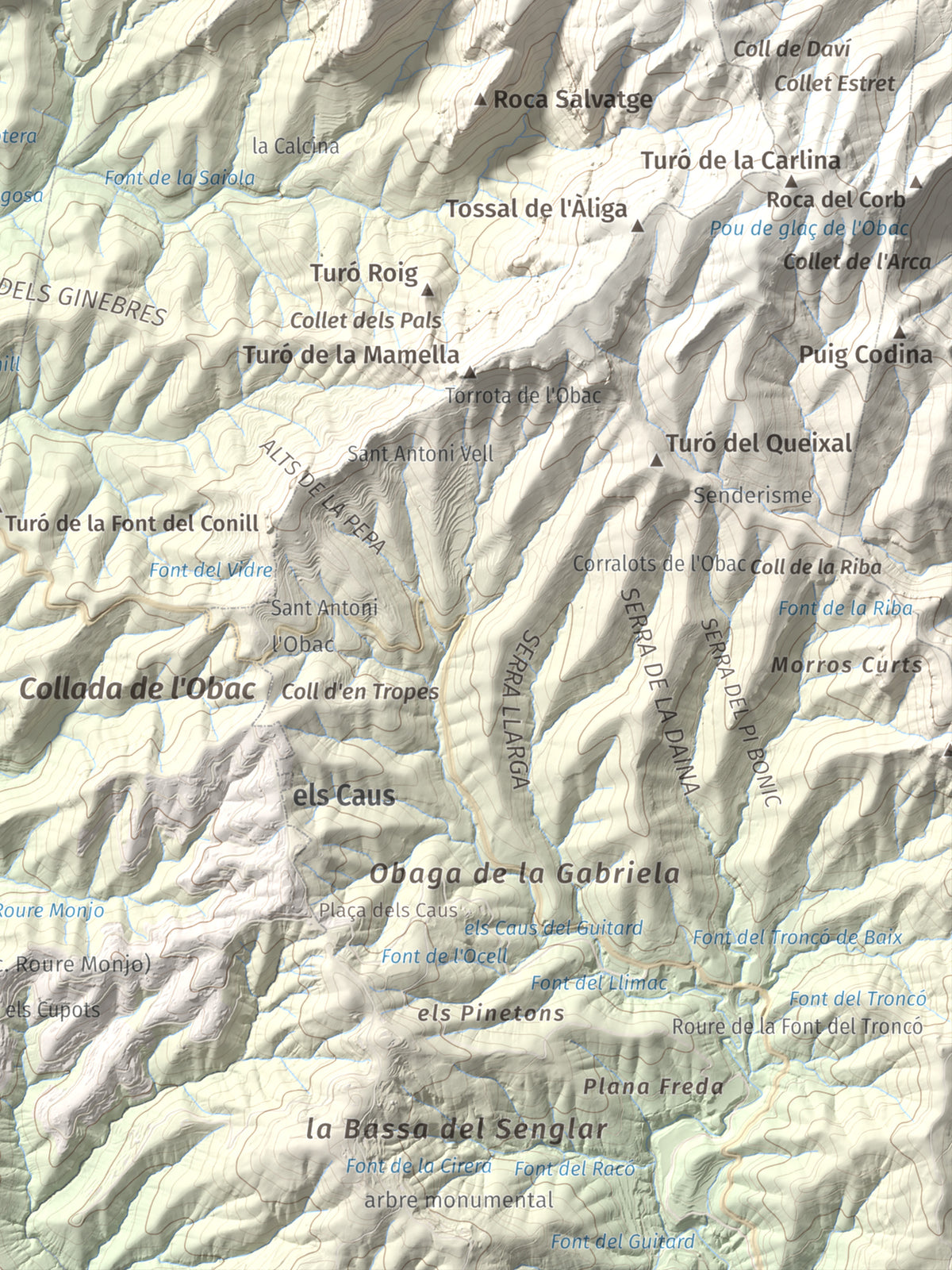 Mapa de relieve de Castell de Bocs, 662 m, Vallès Occidental, lámina 100 Cims de Trobart. Detalle de la zona inferior derecha. 30 × 40 cm.