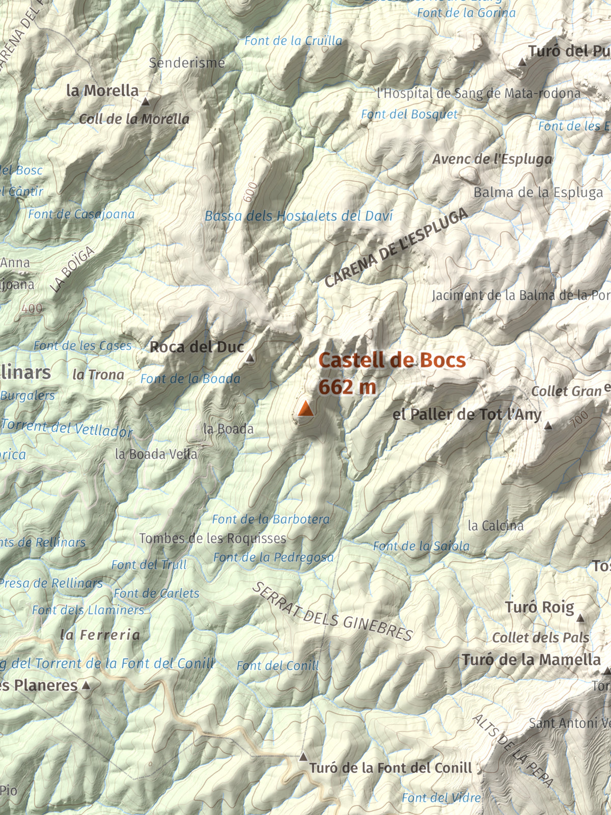 Mapa de relieve de Castell de Bocs, 662 m, Vallès Occidental, lámina 100 Cims de Trobart. Detalle de la zona central. 30 × 40 cm.