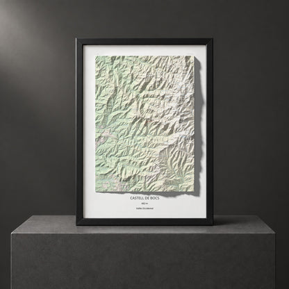 Mapa de relieve de Castell de Bocs, 662 m, Vallès Occidental, lámina 100 Cims de Trobart. Presentación enmarcada. 50 × 70 cm.